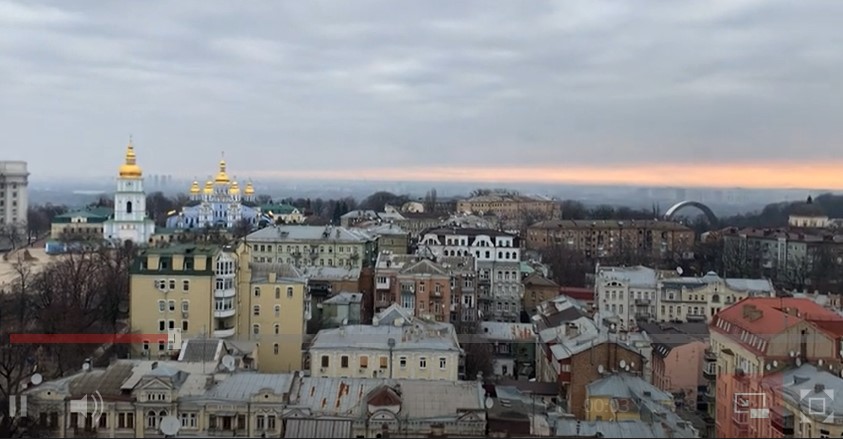 Kyiv, Ukraine as night falls and air raid sirens sound