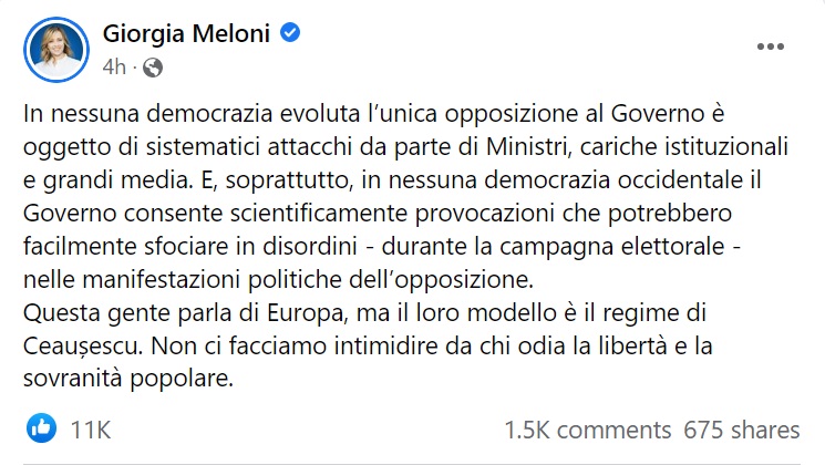 Giorgia Meloni Facebook post accusing government of allowing official to target Fdl