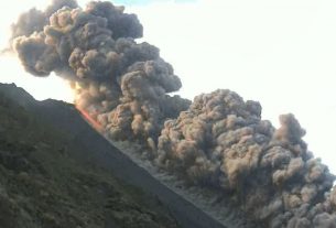 Stromboli volcano erupts with smoke clouds and lava flow
