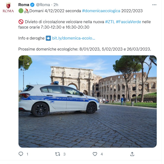 Tweet from Rome city regarding car-free Sundays