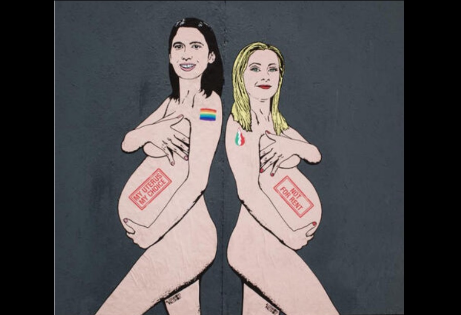 Palombo mural shows Elly Schlein and Giorgia Meloni naked and pregnant with messages on their bellies.