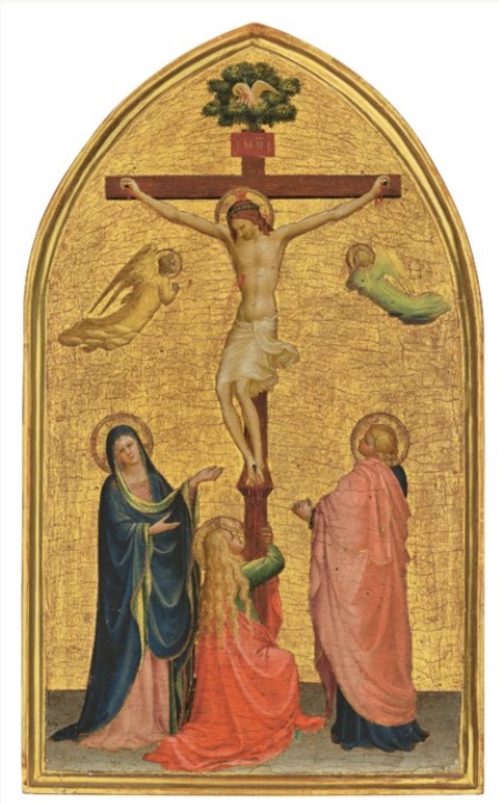 Rare Fra' Angelico painting which is up for auction in July. It shows the crucifixion of Christ with the Madonna, John the Baptist and Mary Magdalene.