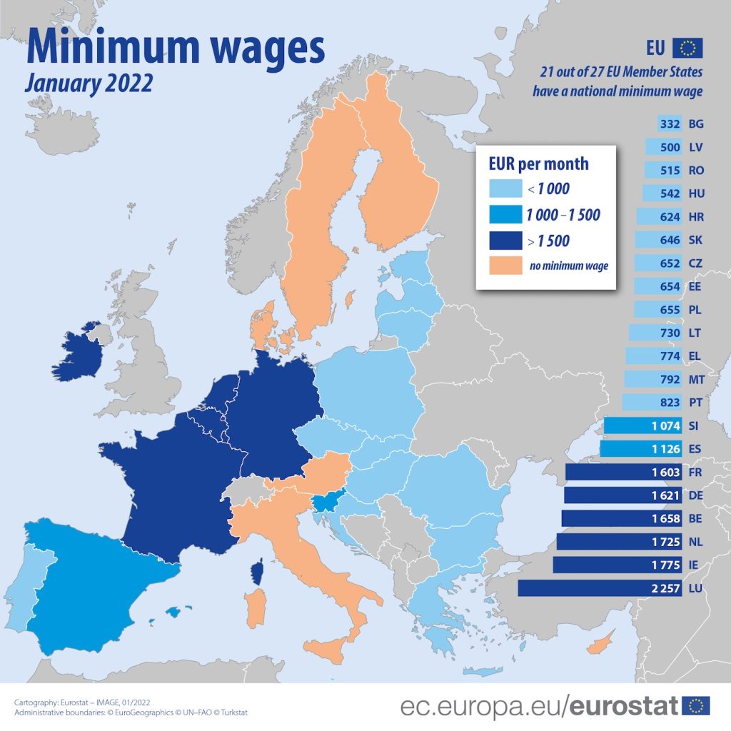 Map showing minimum wages in EU as of January 2022