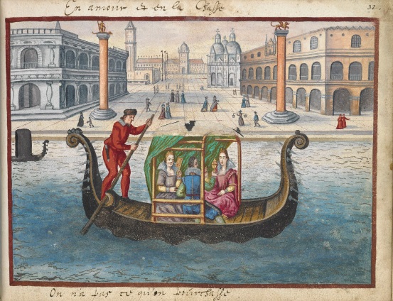 A gondola cruises past St Mark’s Square in Venice, from the friendship album of Moyses Walens, 1605–15.
British Library. 