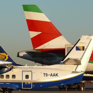 Air-transport strike sees 250000 people affected. Image shows tails of three aeroplanes