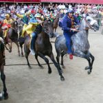 Siena Palio - image shows the horses racing in the Palio from 2006. A grey horse is narrowlung in front