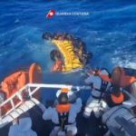 Handout photograph taken on August 5, 2023 by Italian Coastguard (Guardia Costeria) and released on August 6, 2023, shows a rescue operation that took place south of Lampedusa after a migrant shipwreck,