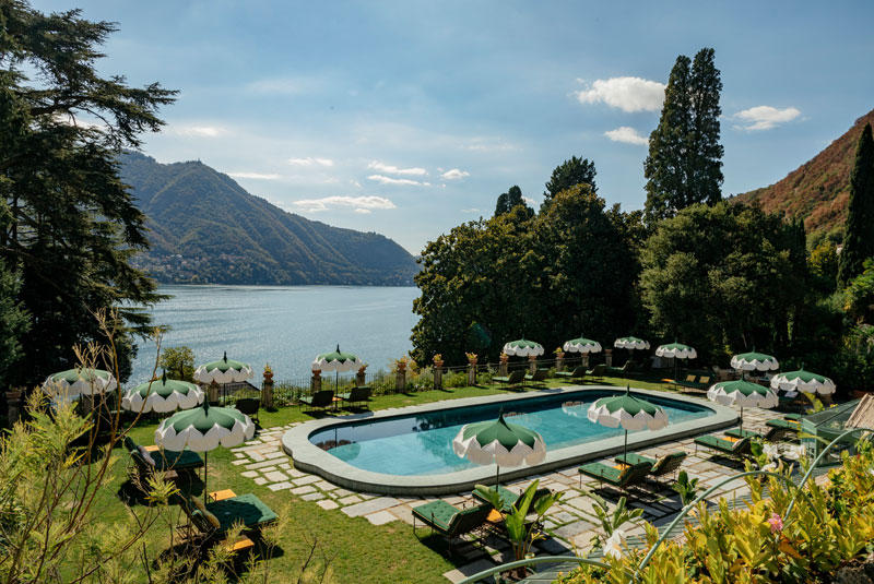 Passalacqua winner of the World's 50 Best Hotels list. Showing the view of Lake Como from the pool