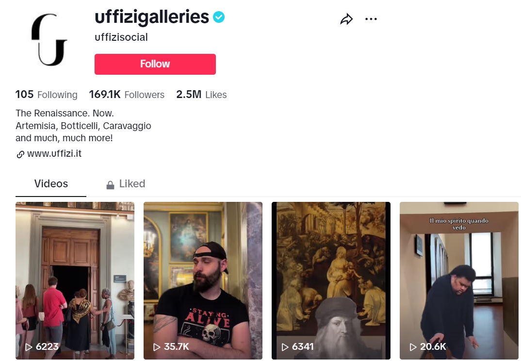Screenshot of Uffizi Tik Tok channel showing 2.5million likes