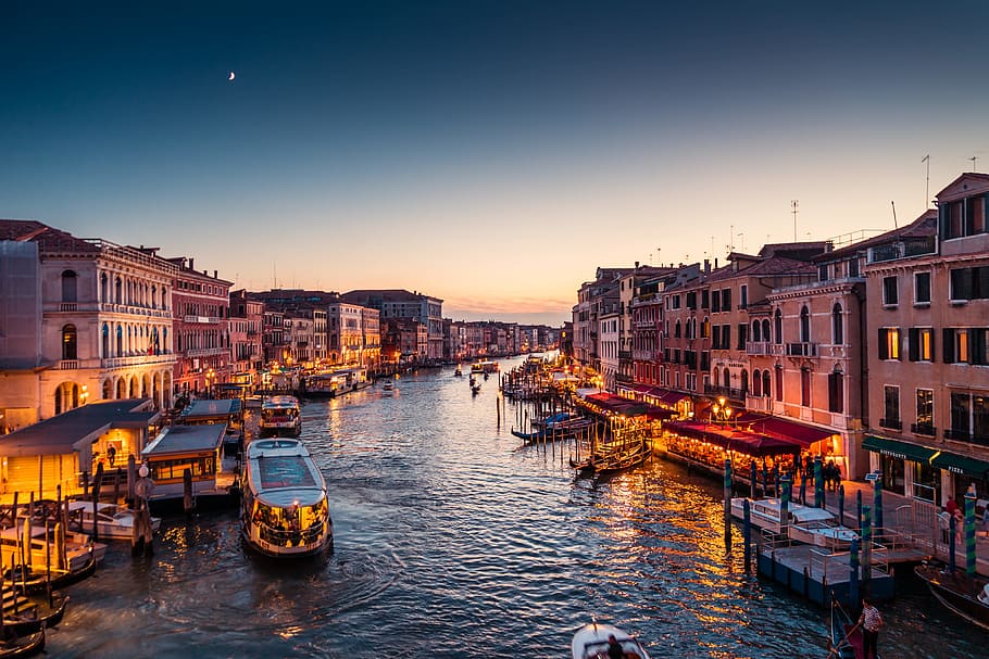 Venice at night-time along the Grand Canal.