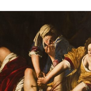 Artemisia Gentileschi exhibition. Image shows secgtion of one of her works, Judith neheading Holofernes.