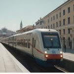 Ai generated image showing a train between Venice and Ljubljana with Rialto Bridge in the background