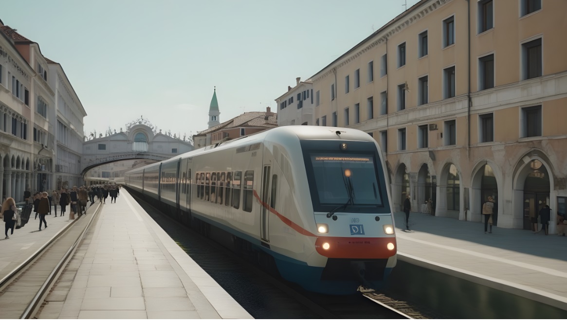 Ai generated image showing a train between Venice and Ljubljana with Rialto Bridge in the background