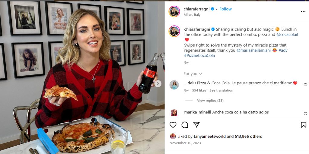 Instagram post from Chiara ferragni as part of her Coca Cola collaboration.