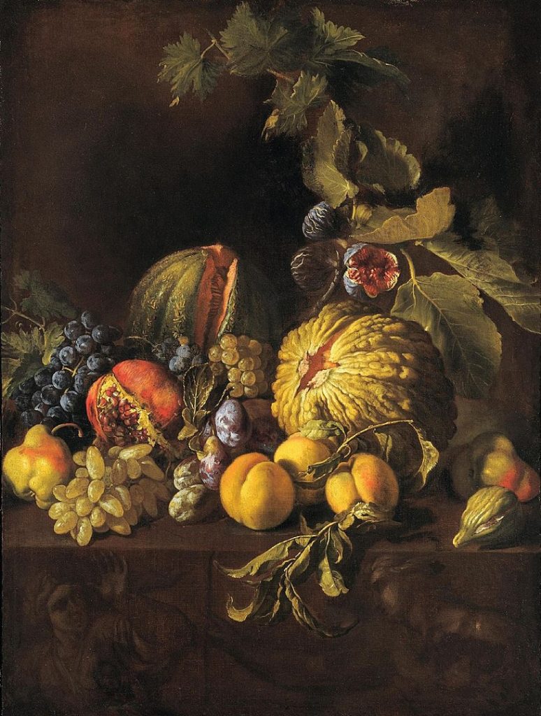 Still Life with pumpkin, grapes and pears by Michelangelo Cerquozzi
