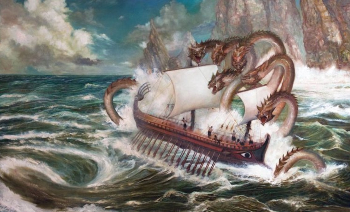 Odysseus navigating between scylla and charybdis