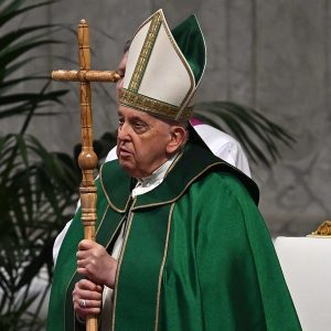 Dignitas infinita was published today after 5 years in the making. Pope Francis takes Mass. (Photo by Filippo MONTEFORTE / AFP)