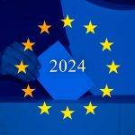 Meloni predicts a different ruling majority in the EU following the June elections. Image shows European flag, the year 2024 and a hand posting a ballot