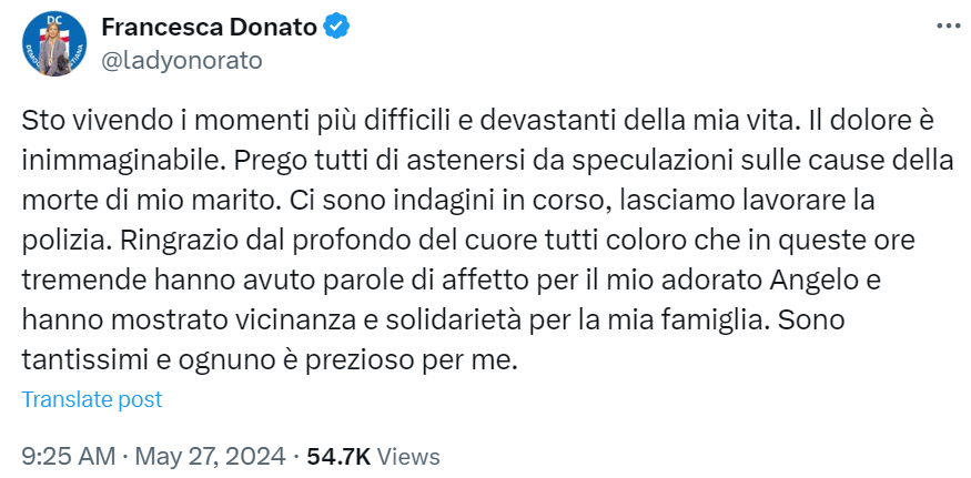 Twitter post by MEP Donato asking media and public to stop speculating over her husband's death.