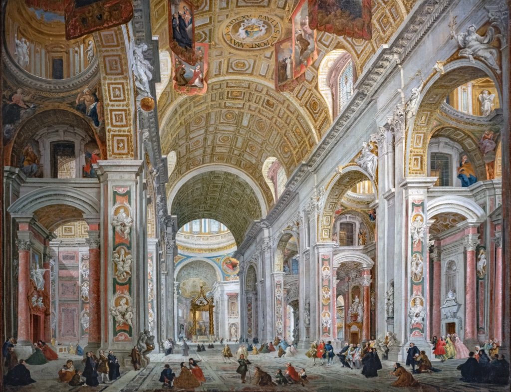 Interno della basilica di San Pietro a Roma (Interior of St. Peter's basilica in Rome), by Giovanni Paolo Panini. Portego paintings, Ca' Rezzonico, Venice