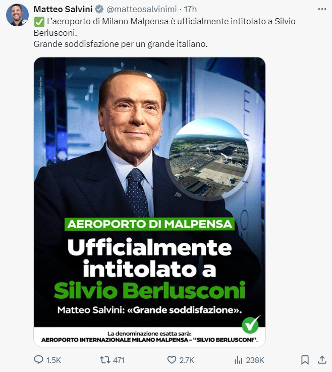 X post by Matteo salvini expressing satisfaction of Milan Malpensa airport being renamed after Berlusconi