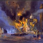 A dramatic depiction by Luigi Querena of the blazing Church of San Geremia on the Grand Canal during the Austrian air raid