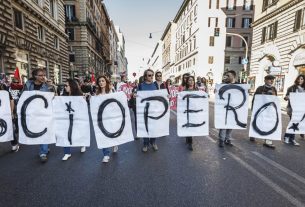 General strike called by USB union on 18 May Banner saying strike in Italian. 15 more strikes are planned in December Multi sector strikes scheduled for 27 March 2026
