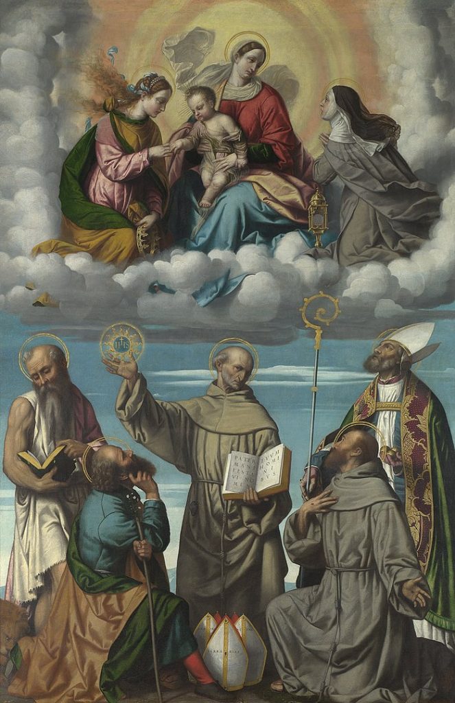 The Madonna and Child with Saints by Alessandro Bonvicino. Housed in National Gallery, London. Credit: By Moretto da Brescia - wQE1UoJucfv6Vw — Google Arts & Culture, Public Domain, https://commons.wikimedia.org/w/index.php?curid=13360579