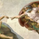 The-Creation-of-Adam-by-Michelangelo on the ceiling of the Sistine Chapel