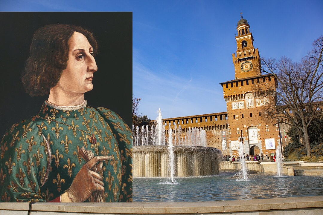 Sforza Castle and portrait of Galeazzo Maria Sforza. Castle image: By ParsonsPhotographyNL - Own work, CC BY-SA 4.0, https://commons.wikimedia.org/w/index.php?curid=86675008 Portrait in Uffizi Gallery, Florence