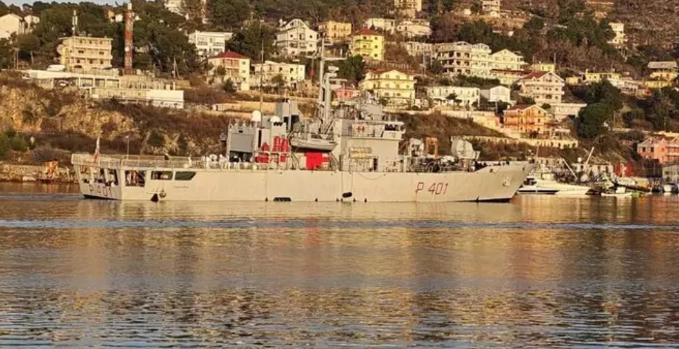 The Italian Naval patrol boat in Shengjin. It took 49 migrants to Albania for asylum processing.