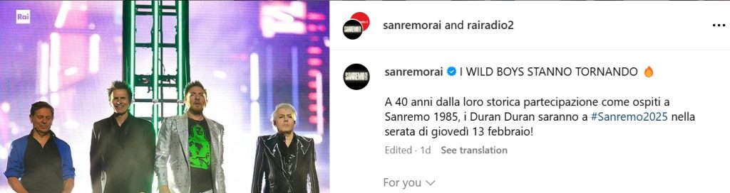 Duran Duran at Sanremo - announcement on Instagram