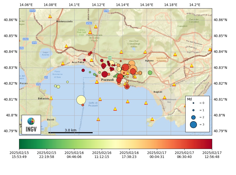 The map shows the locations of events with magnitude Md ≥ 1.0. (swarm update 14.08 on 17 February 2025). Source: INGV