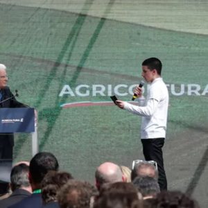 President Mattarella being asked about tariffs at event Credit: Agricola é