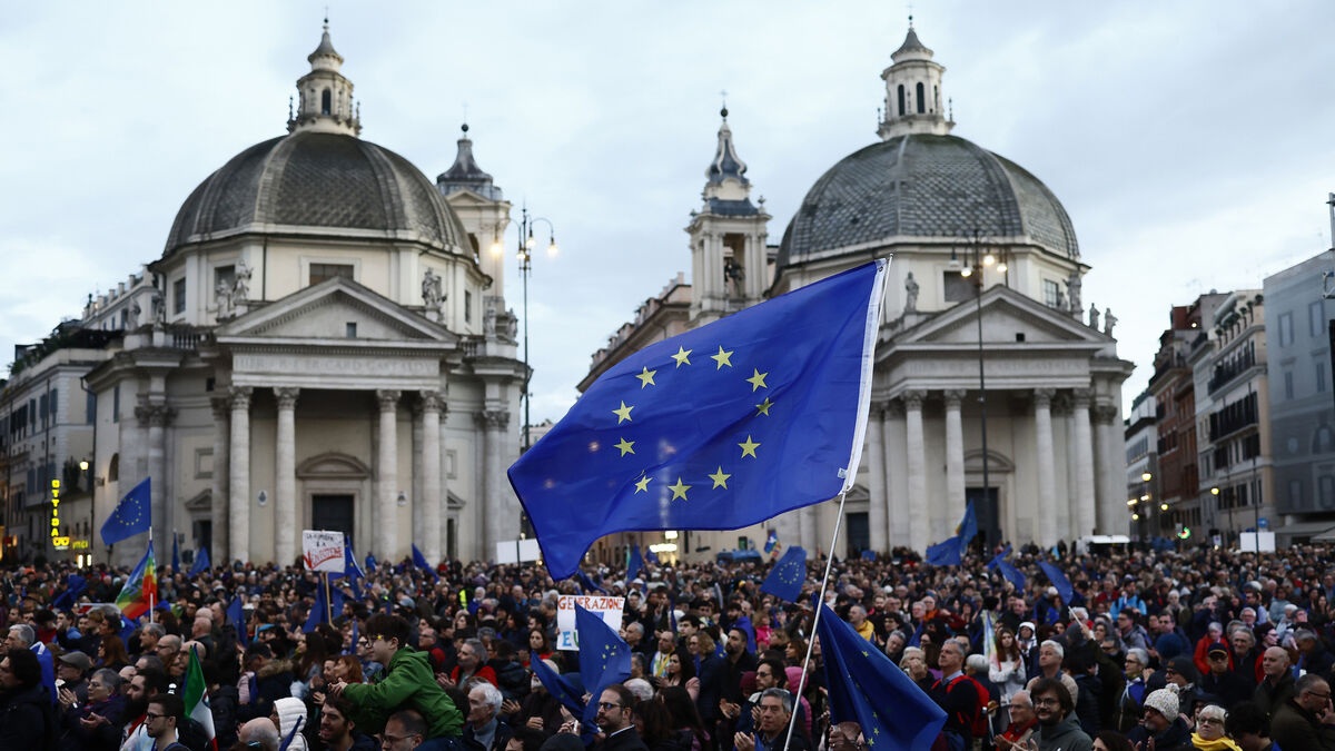 Pro-Europe rally in Rome 15 March 2025. Credit: LaPresse via AP