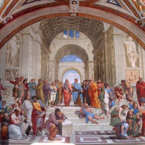 The School of Athens by Raphael. He is present as one of the thinkers as a self-portrait