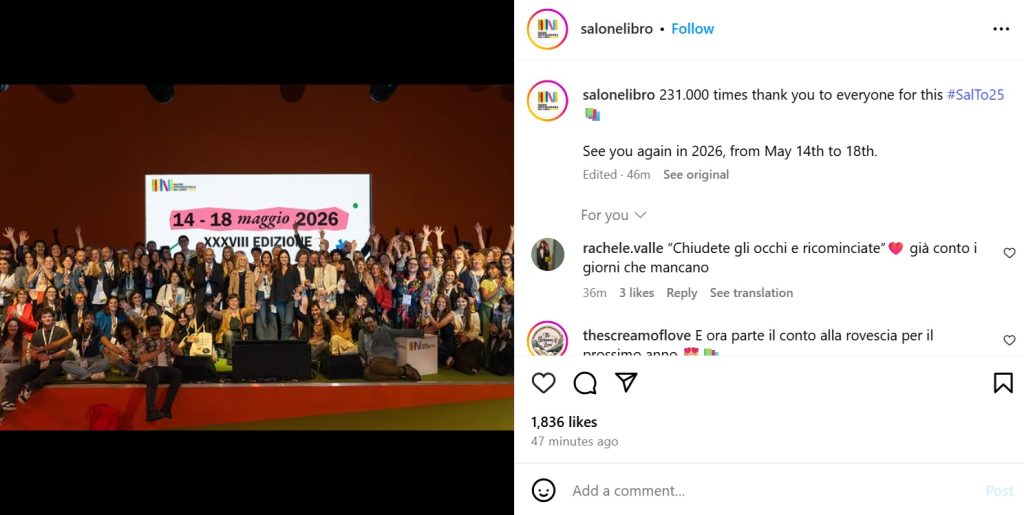 Instagram post fron Turin Book Fair 