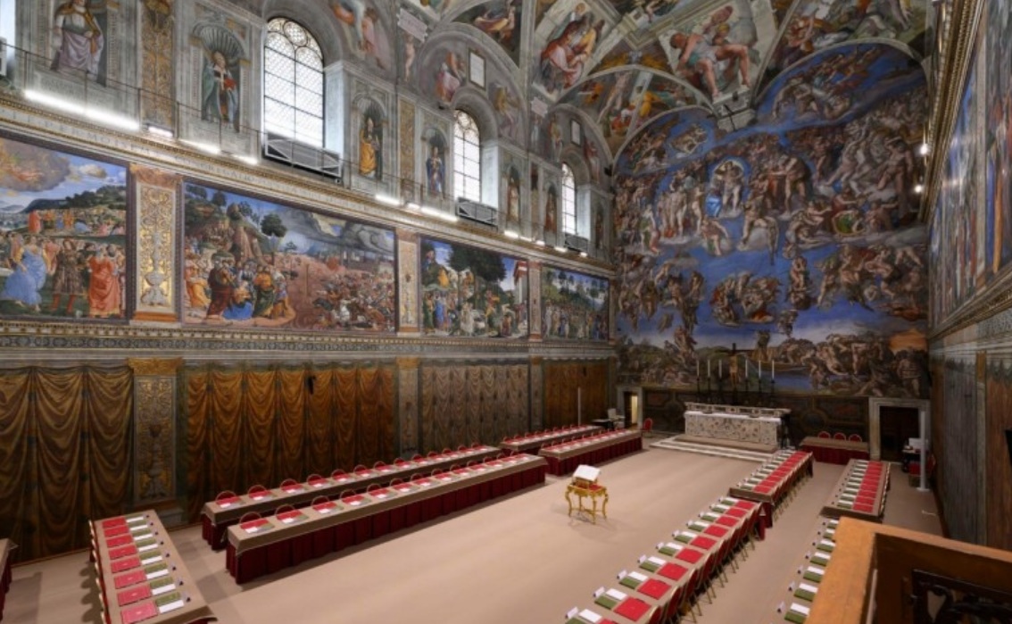 Sistine Chapel in readiment for the papal conclave. Image: copyright Vatican media