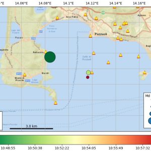Map showing today's earthquakes in and around the Campi Flegrei including the 4.6-magnitude earthquake. Image credit: INGV Creative Commons License This work is licensed under a Creative Commons Attribution-NoDerivatives 4.0 International License .