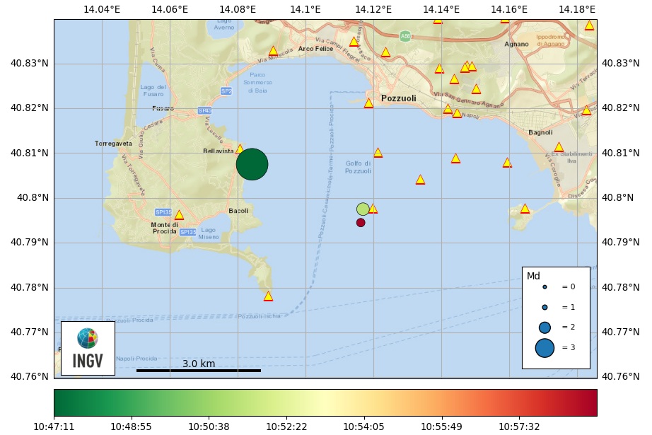 Map showing today's earthquakes in and around the Campi Flegrei including the 4.6-magnitude earthquake. Image credit: INGV Creative Commons License This work is licensed under a Creative Commons Attribution-NoDerivatives 4.0 International License .