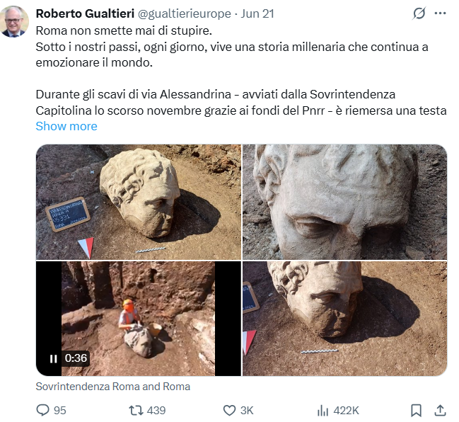 Rome mayor's post on X announcing the discovery