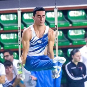 Lorenzo Bonicelli on the rings. Image credit: FEDERAZIONE GINNASTICA D'ITALIA