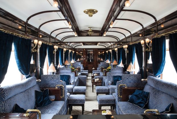 Luxury rail journeys - The Piano Bar of the Venice Simplon Orient Express. Image credit: https://mediahub.belmond.com/