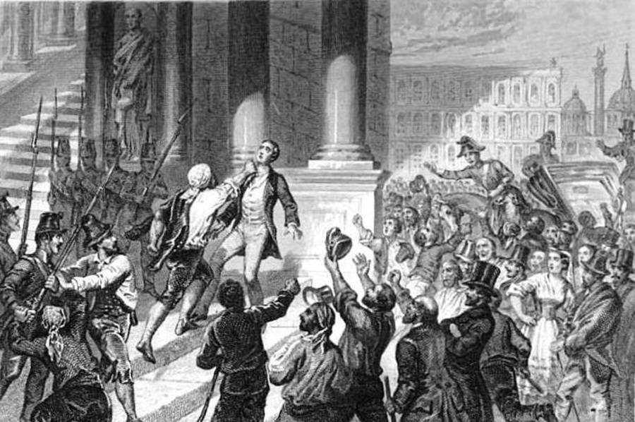 Depiction of the murder of Pellegrino Rossi in Rome, 1848. By H. de Montaut - César Vimercati, Histoire de l'Italie en 1848-49, 7e édition, Paris, 1859., Public Domain, https://commons.wikimedia.org/w/index.php?curid=11148035