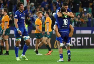Italian rugby team celebrate after beating Australia. Image credit: Andrea Bressanutti &LA Presse via AP