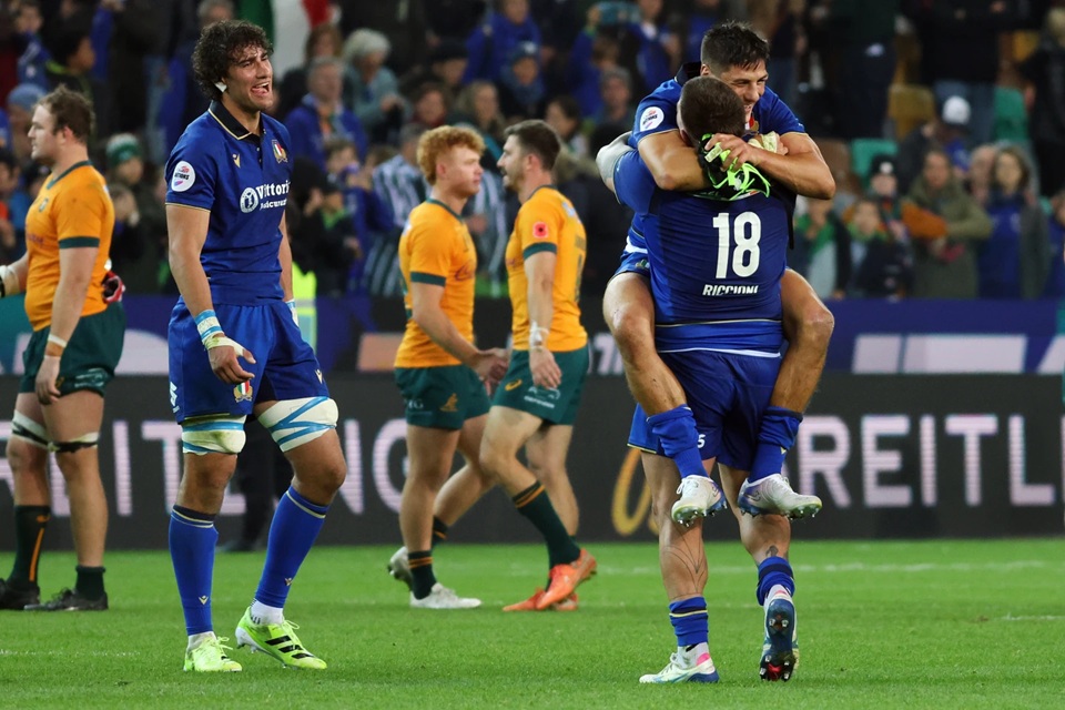 Italian rugby team celebrate after beating Australia. Image credit: Andrea Bressanutti &LA Presse via AP