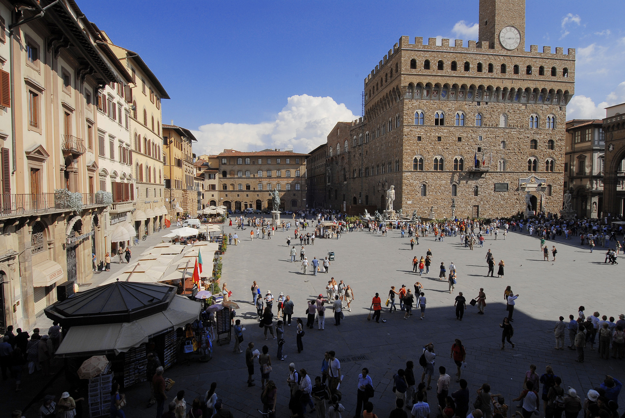 Florence's Piazza della Signoria with outdoor dining structures