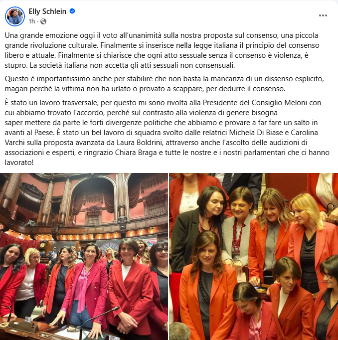 Schlein celebrates approval of new definition of rape by Lower House. Facebook post.