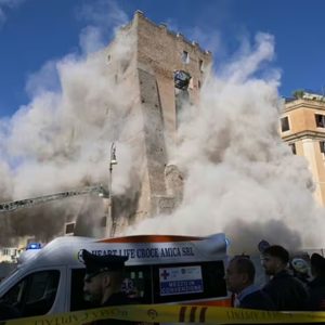 Part of Torre dei Conti near Roman Forum collapses Partial collapse of medieval tower,m Torre dei Conti, in Rome today. Image credit: Getty