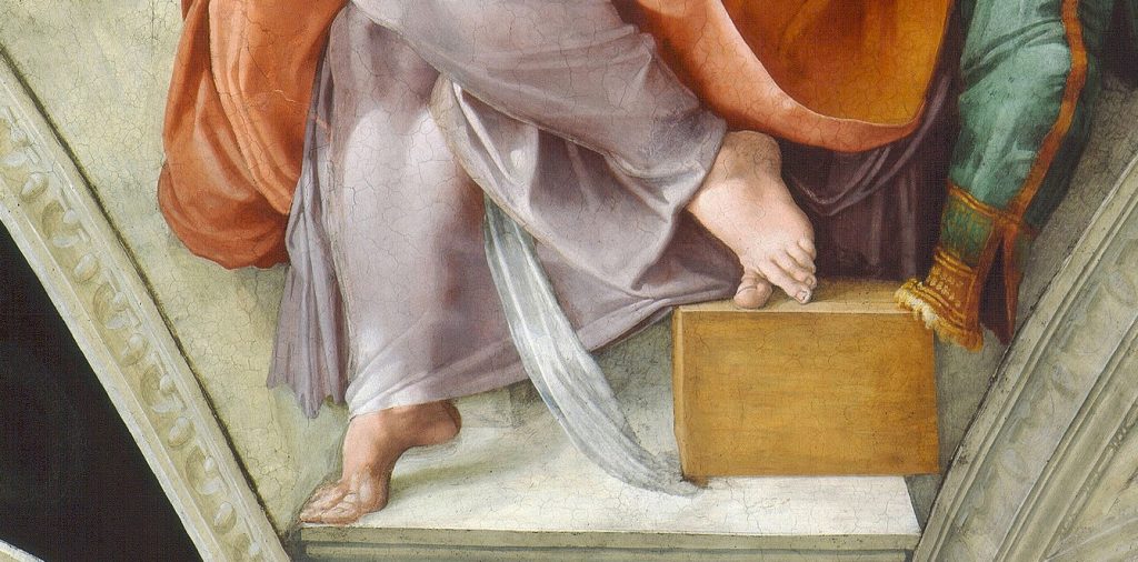 Detail of Libyan sibyl on Sistine Chapel ceiling, by Michelangelo,  showing the slight difference in foot position to the study